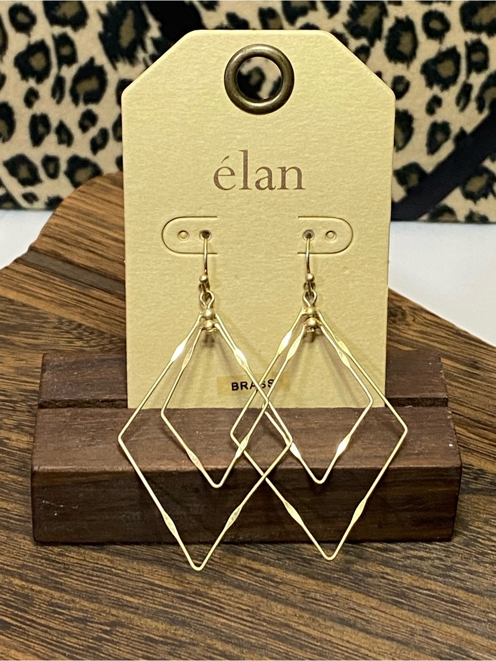 Elan Brass Gold-Tone Geometric Double-Diamond Open Dangle Wire Drop Earrings NWT